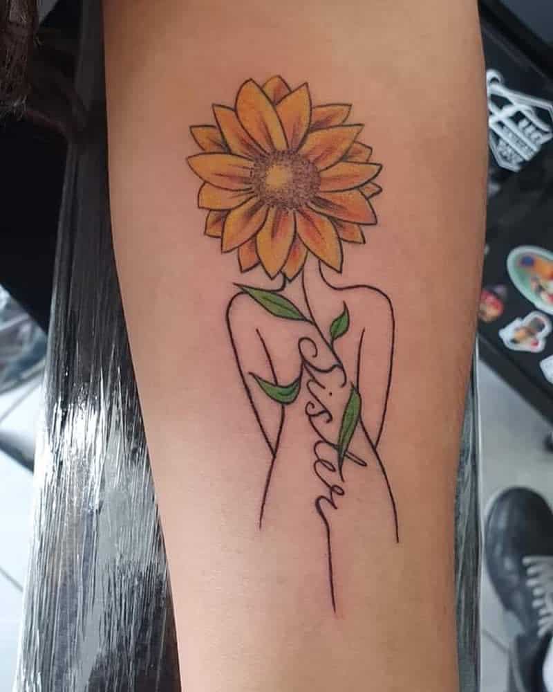 Artistic sister tattoo featuring a minimalist line drawing of a woman figure, with a sunflower as her head and 'sister' elegantly written along the body