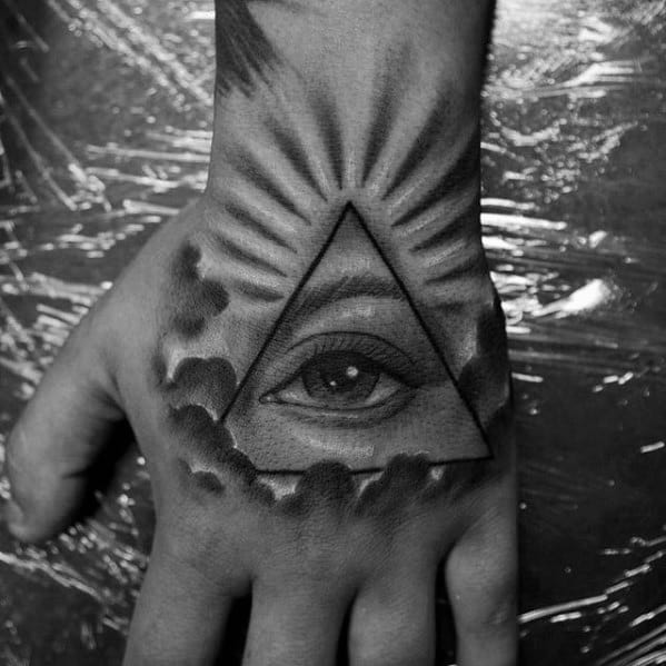 Radiant Shaded Back And Grey Guys Eye Of Providence Hand Tattoo
