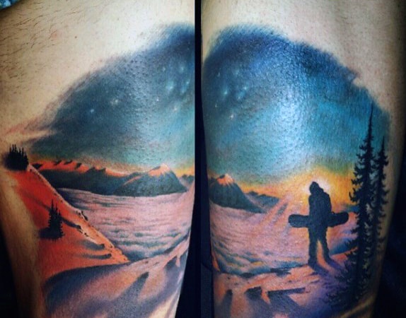 Radical Snowboard On A Wintery Day Tattoo Male Forearms