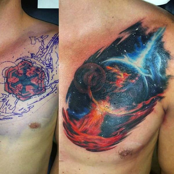 Raging Fire Astronomy Tattoo Male Chest