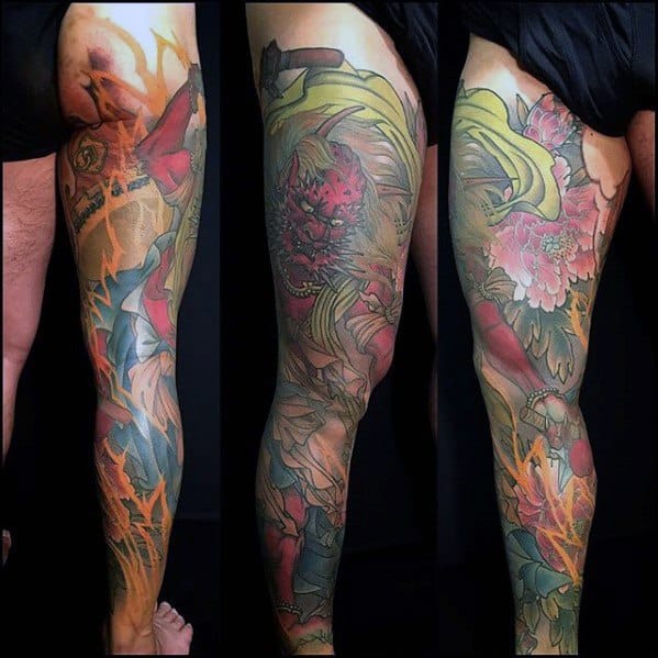 Full leg Raijin tattoo with muted red thunder god, lightning bolts, swirling clouds, and floral accents in a soft Japanese-style palette.