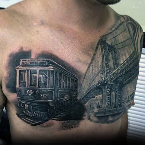 Rail Car With Bridge Mens Cool Realistic Tattoo On Chest