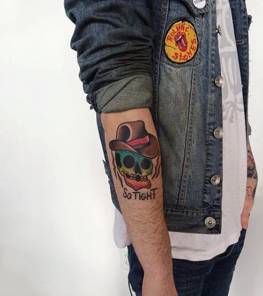 Rainbow Cowboy Skull Cartoon American Traditional Stylish Tattoo On Mans Forearm