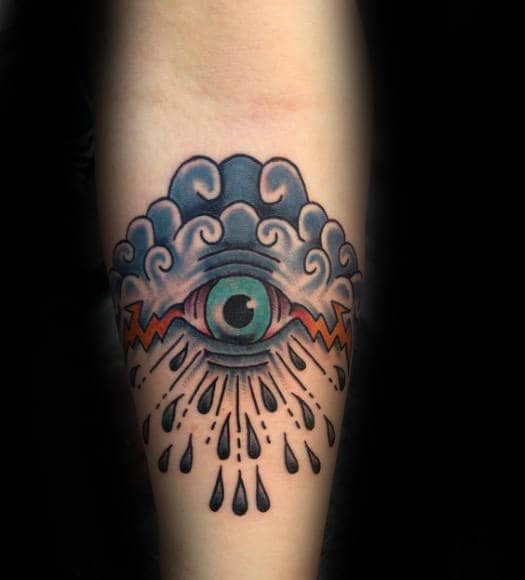 Raining Cloud With Eye Traditional Mens Old School Inner Forearm Tattoo