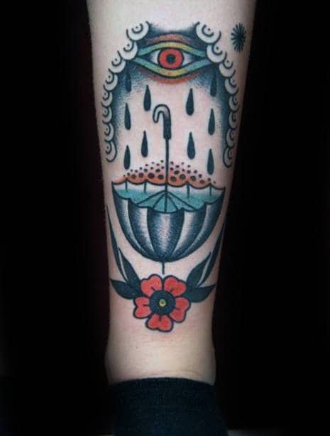 Raining Eye Cloud With Umbrella Mens Traditional Shin Tattoos