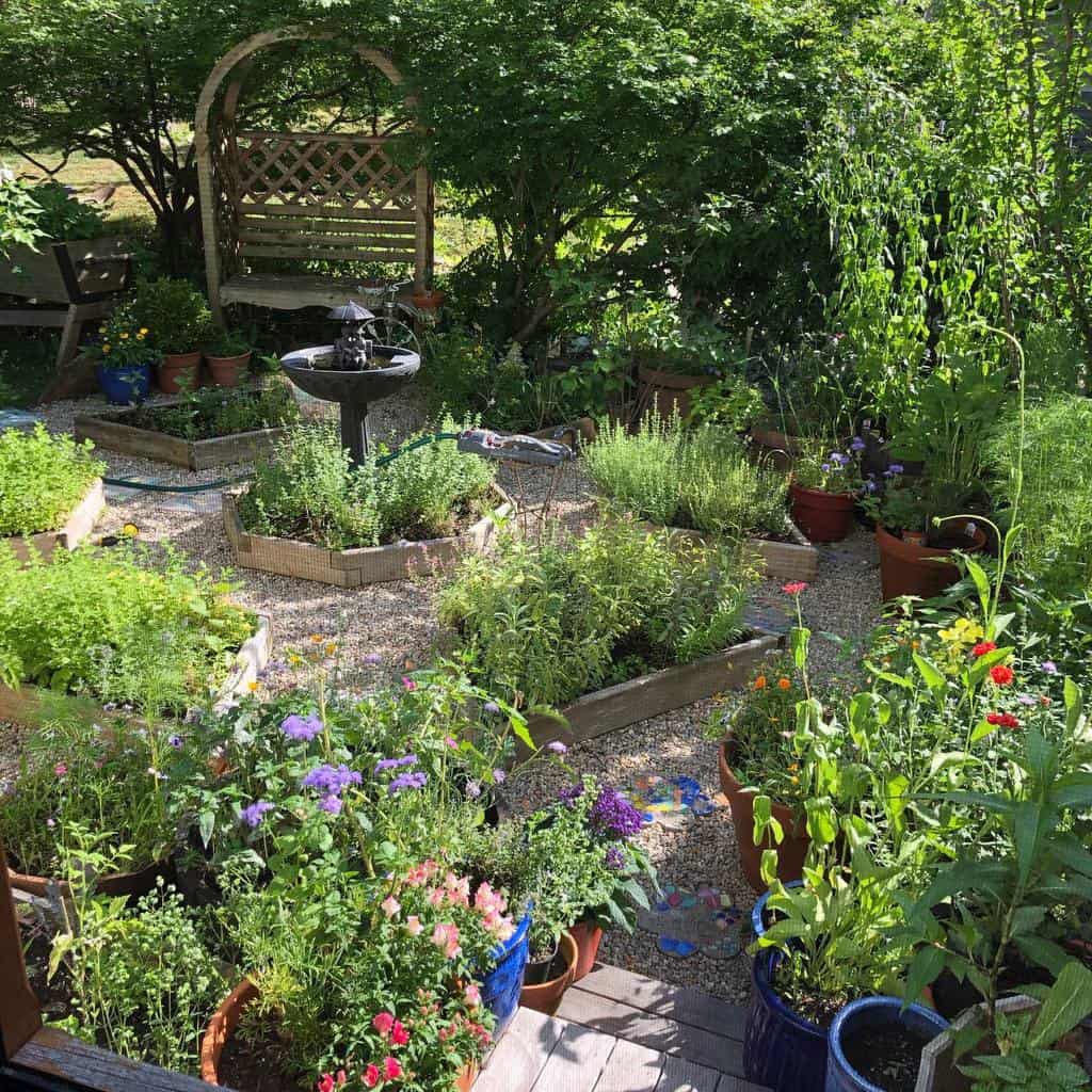large herb garden with fountain