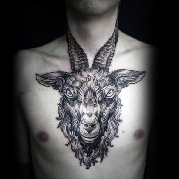 Ram Chest And Neck Tattoo For Guys