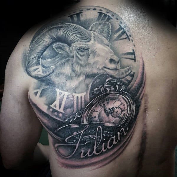 Ram Clock With Roman Numerals Memorial Back Tattoos