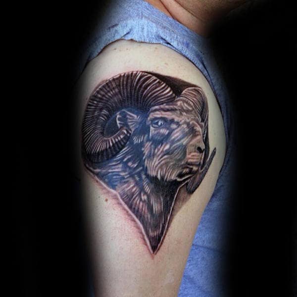 Ram Face With Horns Mens Upper Arm Tattoo