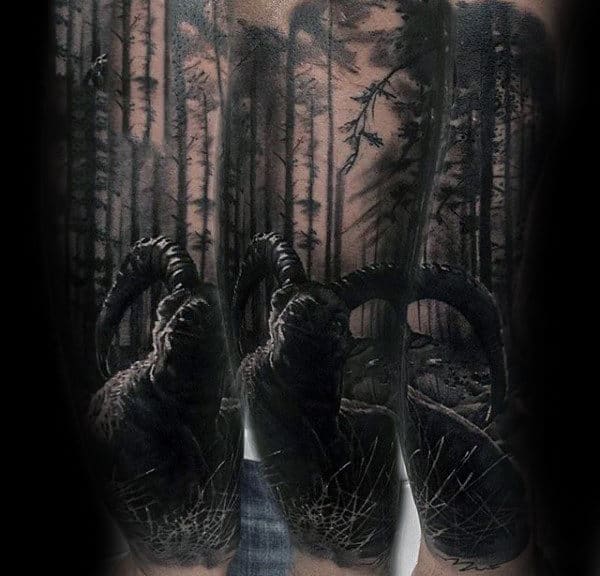 Ram In Forest Trees Mens Realistic Forearm Tattoos