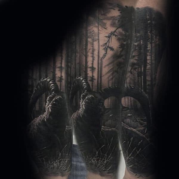 Ram Tree Sleeve Forearm Tattoo For Guys
