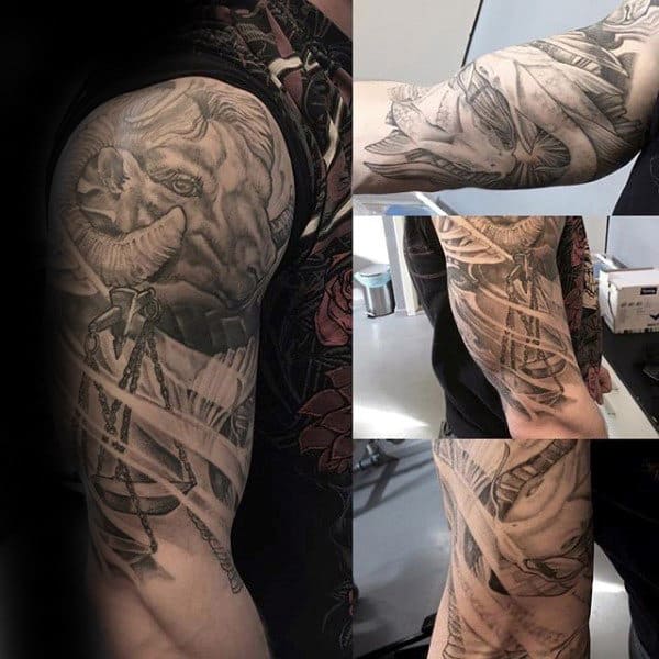 Ram With Libra Scale Mens Half Sleeve Tattoos