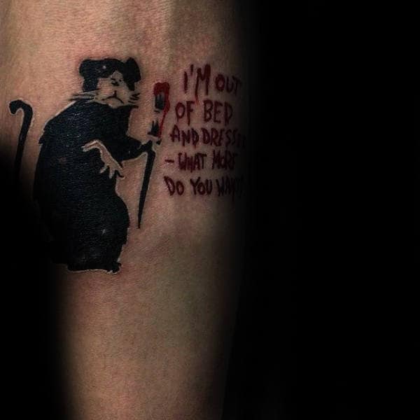 Rat With Paint Brush Lettering Banksy Guys Forearm Tattoo
