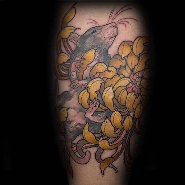 Rat With Yellow Flowers Mens Arm Tattoos