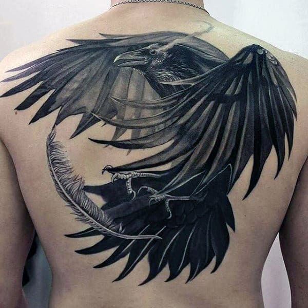 Raven 3D Tattoo With Angel Feather On Back