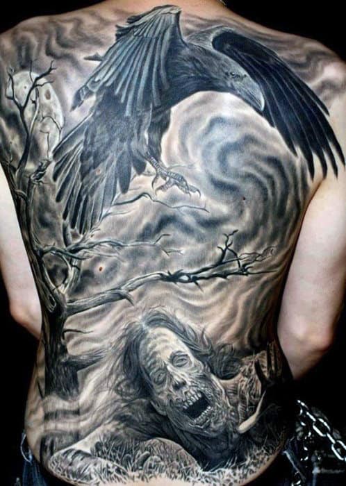 Raven Crow Bird Tattoo With Ghastly Man On Full Back For Males