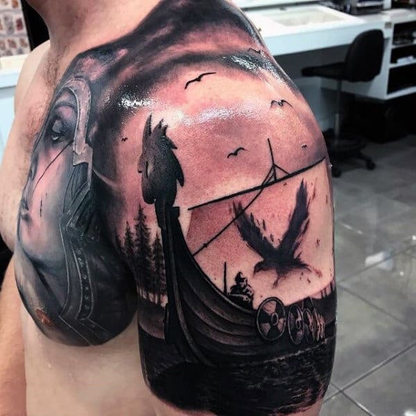 Raven Flying Above A Boat Tattoo Male Shoulders