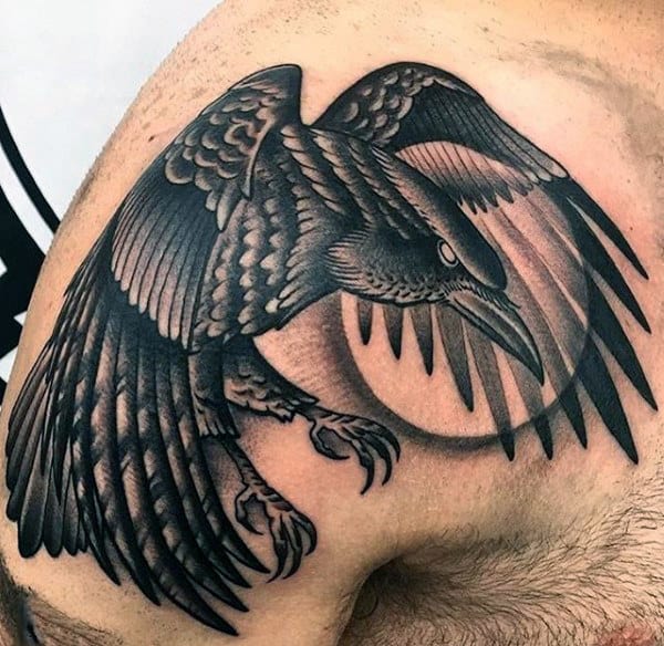 Raven Flying Over The Moon Tattoo Mens Shoulder