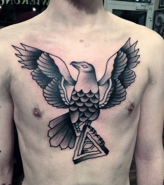 Raven Holding Eye Of Providence Tattoo Mens Chest