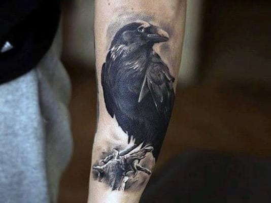 raven-perched-on-branch-tattoo-on-forearms-for-guys