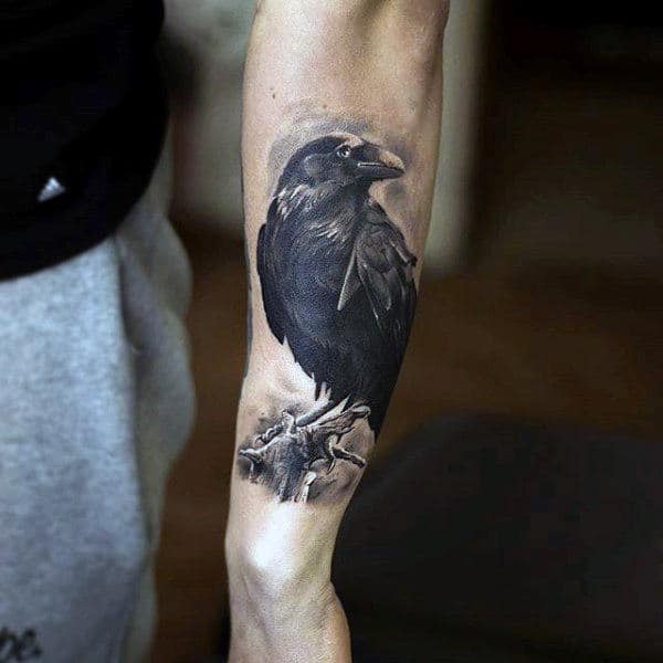 Raven Perched On Branch Tattoo On Forearms For Guys