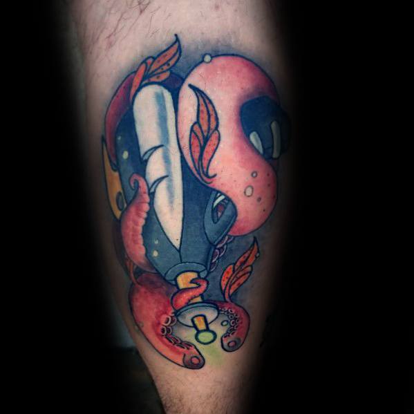 Unique ray gun tattoo wrapped in octopus tentacles, featuring a mix of sci-fi and nautical elements with bold colors and dynamic shading.