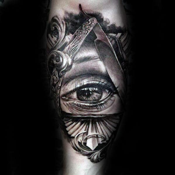 Razor Blade With Eye Mens Ornate Realistic Inner Forearm Tattoo