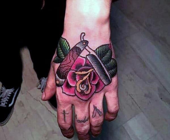Razor Blade With Red Rose Flower Old School Mens Traditional Hand Tattoos