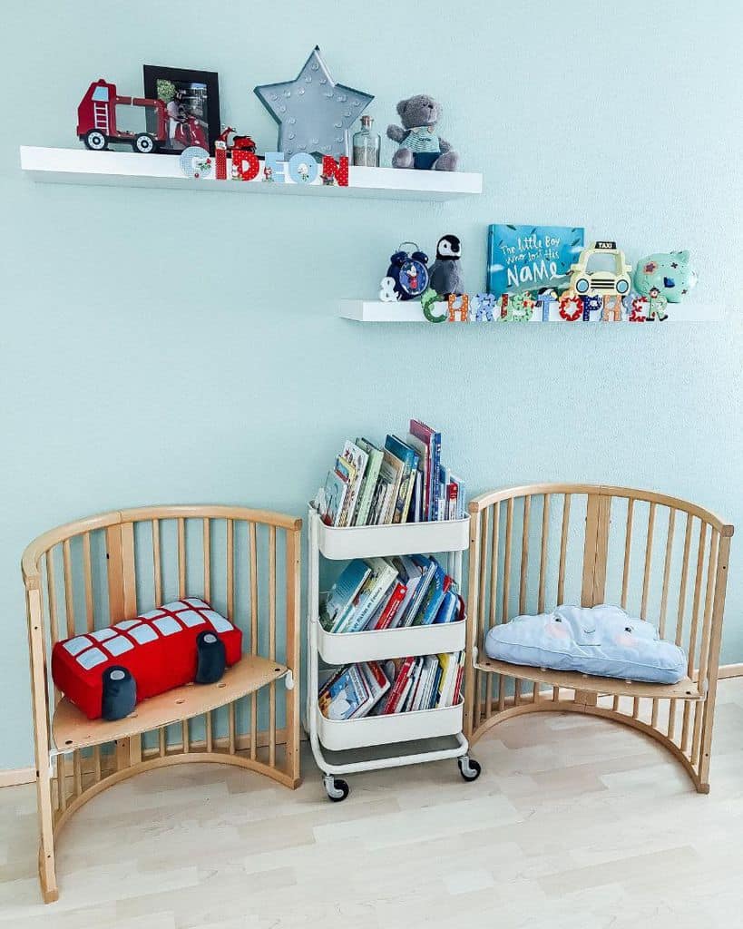 wall shelves blue kids playroom
