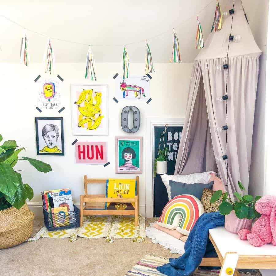 colorful reading nook in playroom