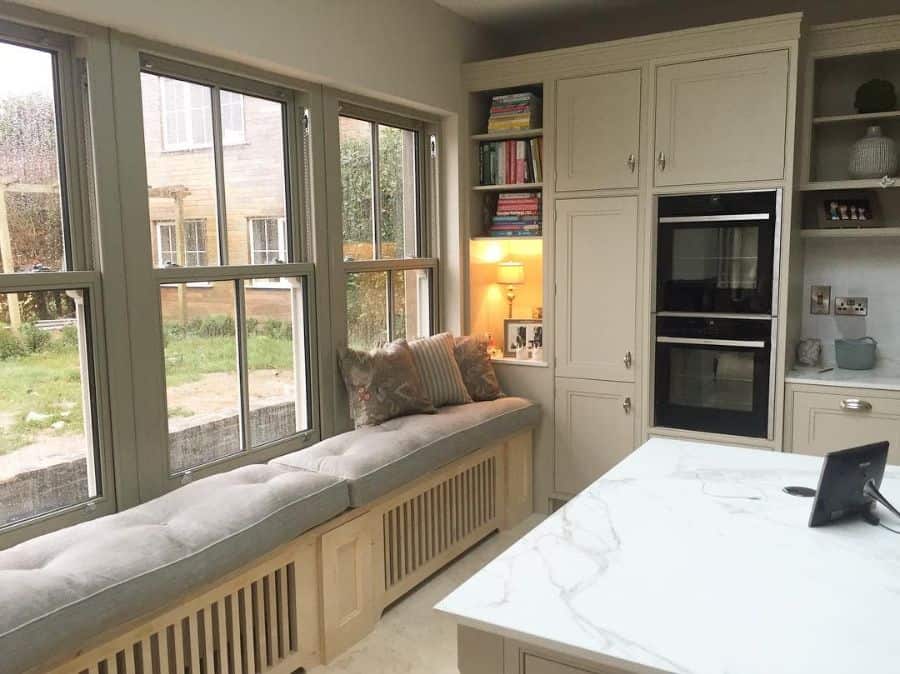 long window seat country kitchen gray cushions