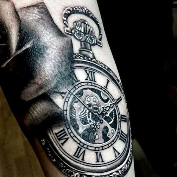Real Looking Pocket Watch Tattoo On Forearms Men