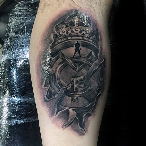 Real Madrid Male Tattoo Ideas 3d Realsitic Leg Calf