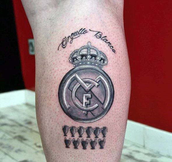 Real Madrid Tattoo On Men Leg Calf