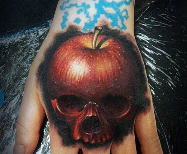 Realistic 3d Apple Skull Mens Hand Tattoos