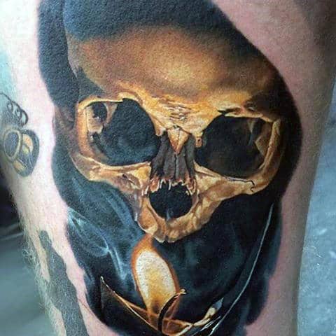 Realistic 3d Awesome Mens Skull Tattoo With Burning Candle On Thigh