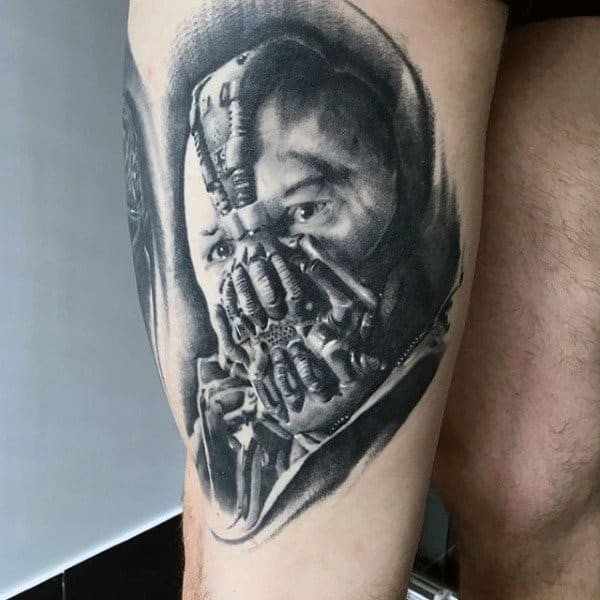 Realistic 3d Bane Male Thigh Tattoo Designs