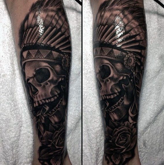 Realistic 3d Black Ink Male Indian Skull Leg Sleeve Tattoos