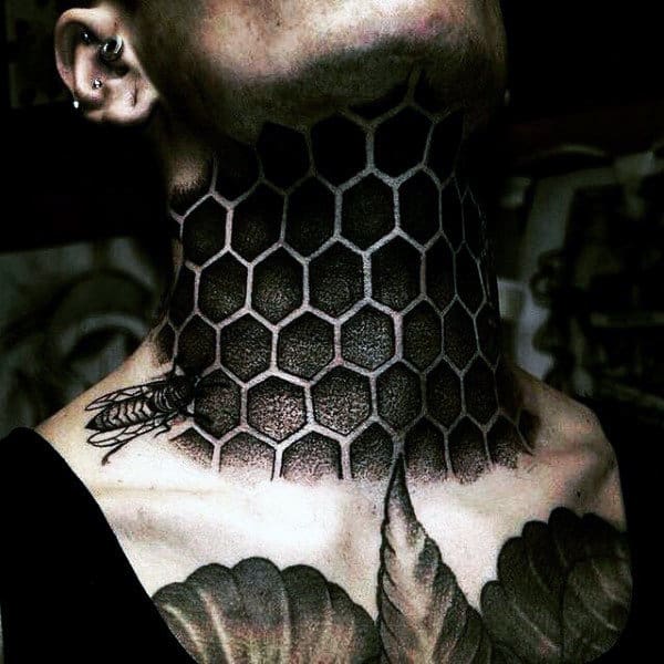 Realistic 3d Blackwork Honey Comb Pattern Mens Neck Tattoos