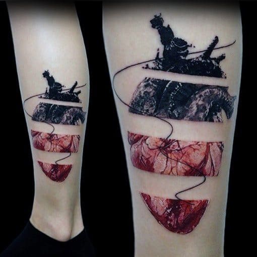 Realistic 3d Broken Heart Male Leg Tattoo Ideas