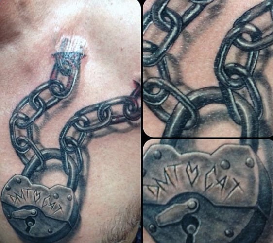 Realistic 3d Chest Lock Tattoos For Guys