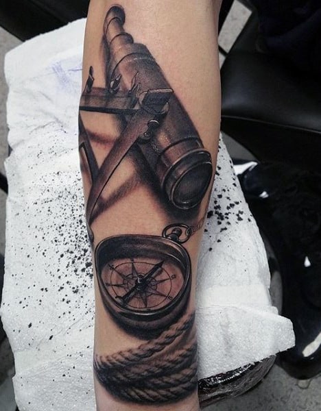 Realistic 3d Compass Rope And Telescope Mens Nautical Forearm Tattoos