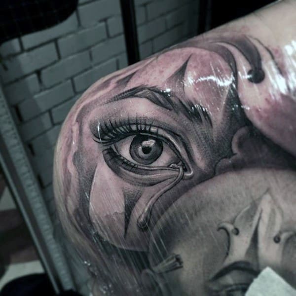 Realistic 3d Eye With Tear Drop Male Chicano Shoulder Tattoo