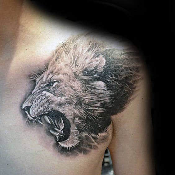 Realistic 3d Guys Black And Grey Ink Shoulder Tattoo Of Lion