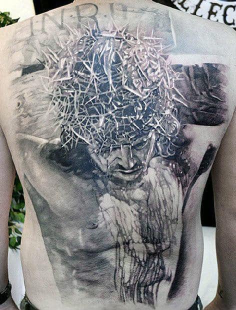 Realistic 3d Guys Crown Of Thorns Jesus Full Back Cross Tattoos