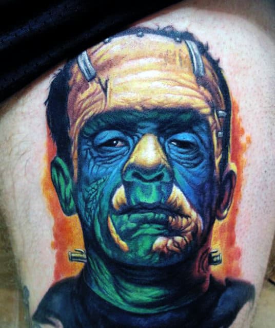 Realistic 3d Guys Frankenstein Thigh Tattoo