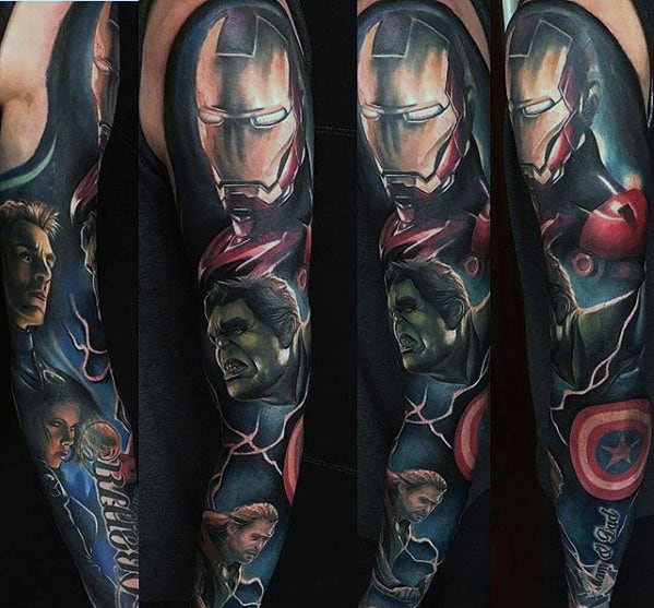 Realistic 3d Guys Full Sleeve Marvel Tattoos