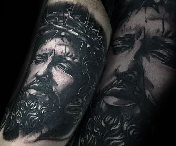Realistic 3d Guys Shaded Tattoo Design Of Jesus On Arm