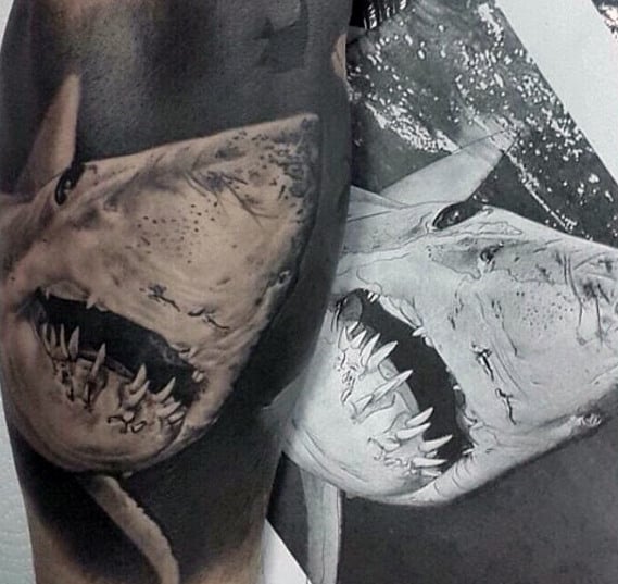 Realistic 3d Guys Shark Sleeve Tattoo
