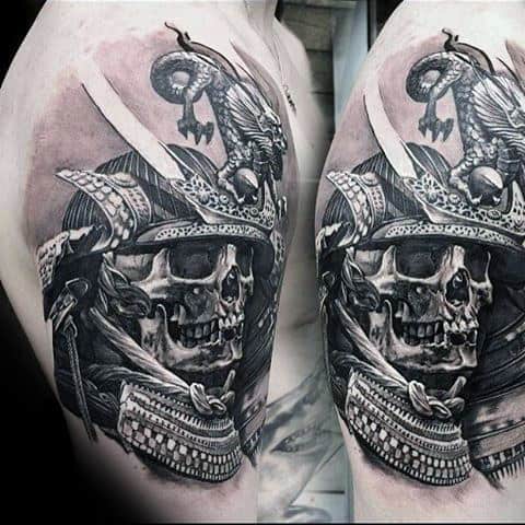 Realistic 3d Guys Skull With Samurai Helmet Mens Arm Tattoos